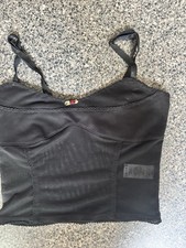 Garage Women XS Black Sheer Mesh Corset Bustier Crop Cami Top Rose Y2K