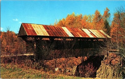 Covered Bridge Stowe Vermont Fall Foliage Photochrome Postcard