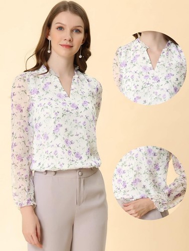Allegra K Chiffon Blouse for Women's V Neck Long Sleeve Floral Top - Picture 2 of 5