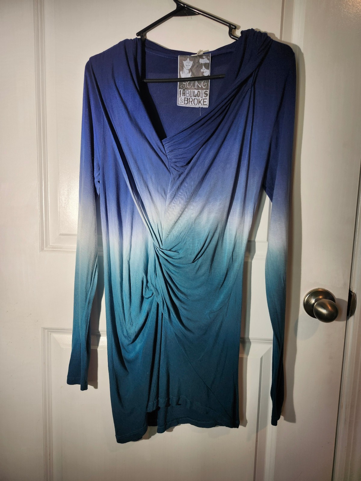 Young Fabulous & Broke Ombre Twist Front Long Sleeve Dress Blue Teal Size S