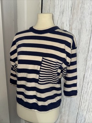 Vintage 90s Chaus Essentials Striped Navy Dolman Sleeve Cotton Top Small