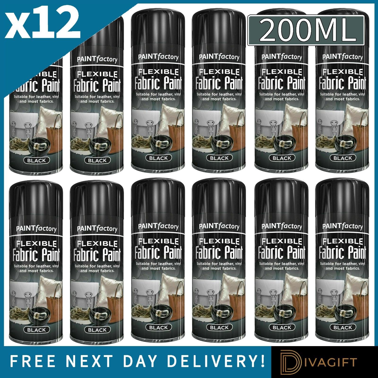 12 x BLACK FLEXIBLE FABRIC SPRAY PAINT 200ML LEATHER VINYL CLOTHES FAST DRYING