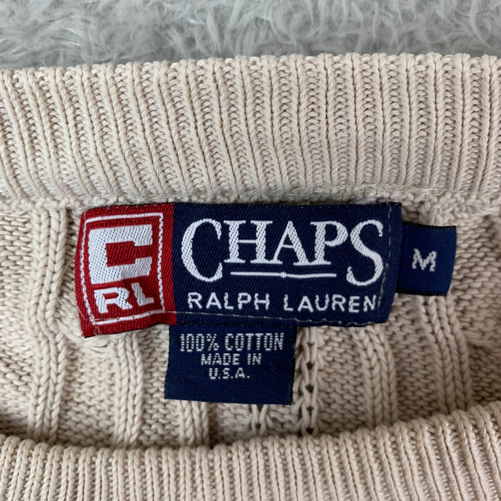 CHAPS Ralph Lauren Cream Ribbed Cotton Pullover Knit Jumper Size Men's Medium image 3