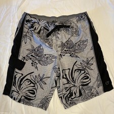 Op Ocean Pacific Mens L 36-38 Mesh Lined Gray Hibiscus Flower Board Shorts