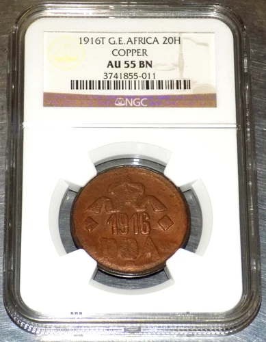 1916 T GERMAN EAST AFRICA 20 HELLER NGC AU 55 BN COPPER 20H WWI ERA KM15 COIN