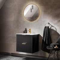 Waschplatz Set 61Cm Keramik Waschbecken Runder Led Spiegel Matt Schwarz Gerillt