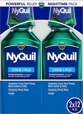 Vick NyQuil Cough Cold and Flu Nighttime Relief, Original Liquid, 2x12 Fl Oz