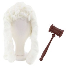 Judge Accessory Kit - White Curly Lawyer Wig with Gavel Legal Fancy Dress Props