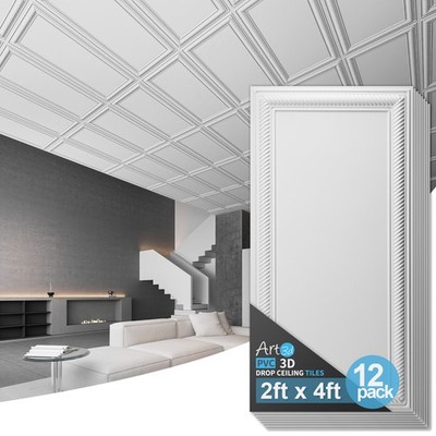 Art3d 3D PVC Drop Ceiling Tiles, 3D Wall Panels, 2x4 ft.Cover 96 Sq,ft (12-Pack)