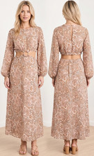 MinkPink Midi Dress Size L Cut Outs L/Sleeves Orange Paisley Party Travel
