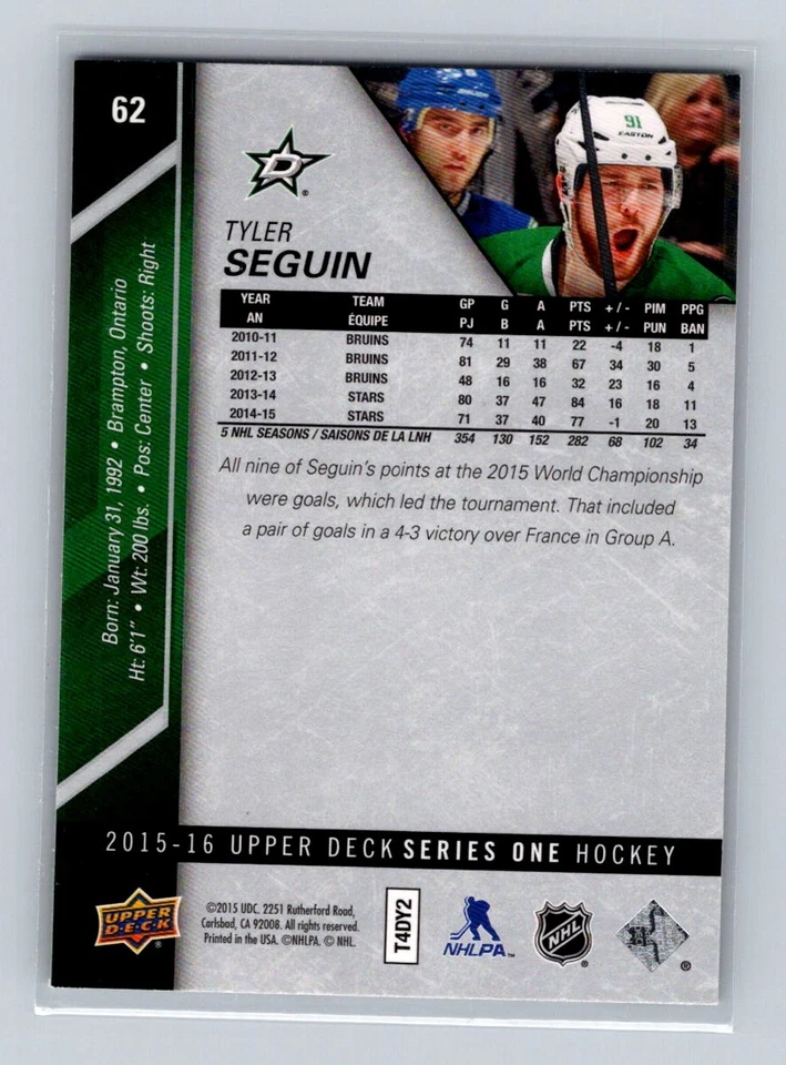 2015-16 Upper Deck #62 Tyler Seguin Dallas Stars - Image 2 of 2