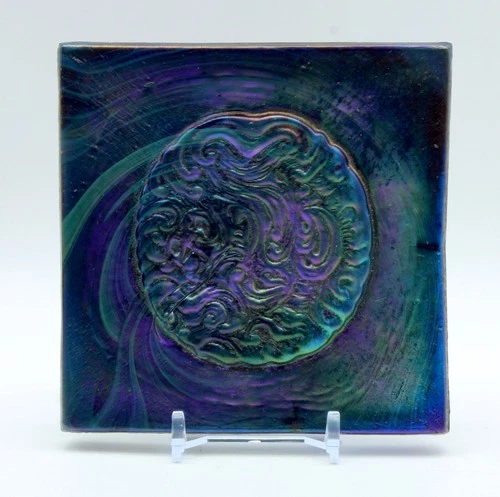 Antique Tiffany Studios LCT Iridescent Blue 4" Tsuba  Favrile Glass Tile