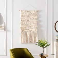 Ivory Hand-Woven Bohemian Striped Wall Tapestry Wool Blend Tassel Gift
