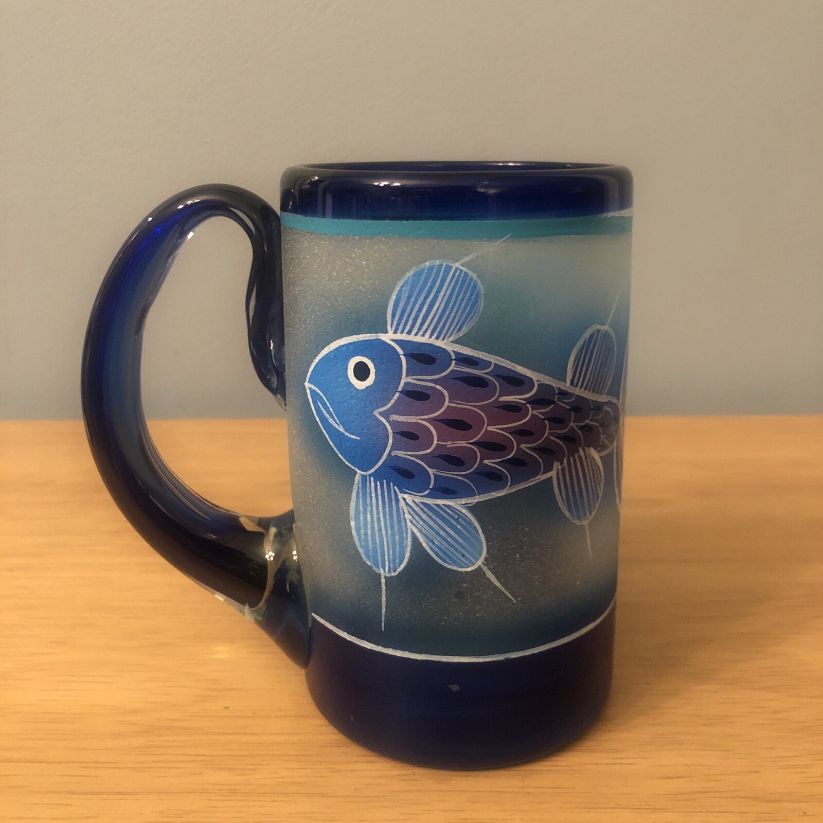 Handpainted Cobalt Blue Frosted Fish Glass Souvenir Mug Cozumel Mexico ...