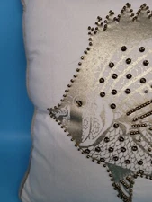 Pier 1 Pillow Fish Nautical Beaded Textured  Gold White Sea Life coastal beach