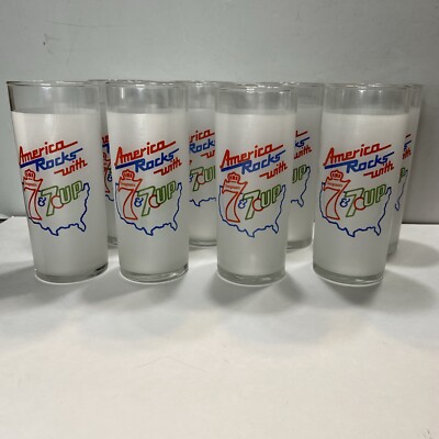 America Rocks w/ SEAGRAM'S 7 & 7 UP Glass Tumber 1980'S Vintage Set Of 8 EUC