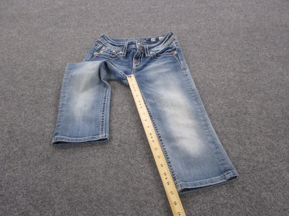 Miss Me Jeans Girl 14 Blue Cuffed Capri Denim Embroidered Rhinestones Y2K Preppy - Image 3 of 4