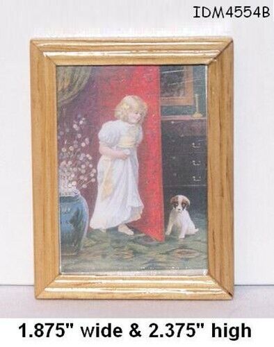GERAHMTES KUNSTBILD MÄDCHEN MIT WELPE HOLZRAHMEN Puppenhaus Miniatur Maßstab 1:12 - Bild 1 von 1