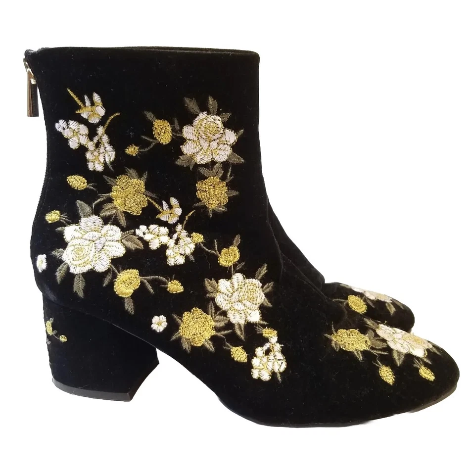Forever 21 Topshop Mujer Botas Talla 8 Negro Terciopelo Floral Femenino Cremallera Lateral Zapatos Foto 2 de 4