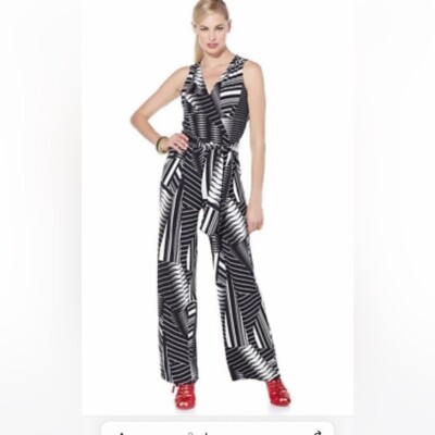 Nikki Poulos Jumpsuit Plus Size 3X Romper Black White Geometric Slinky Wide leg