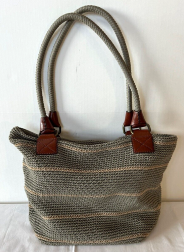 The Sak Womens Striped Crochet Double Handle Strap Shoulder Bag Gray Tan