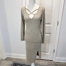 ACEMI Khaki Tan Heather Long Sleeve Stretch Knit Medium Bodycon Dress Soft