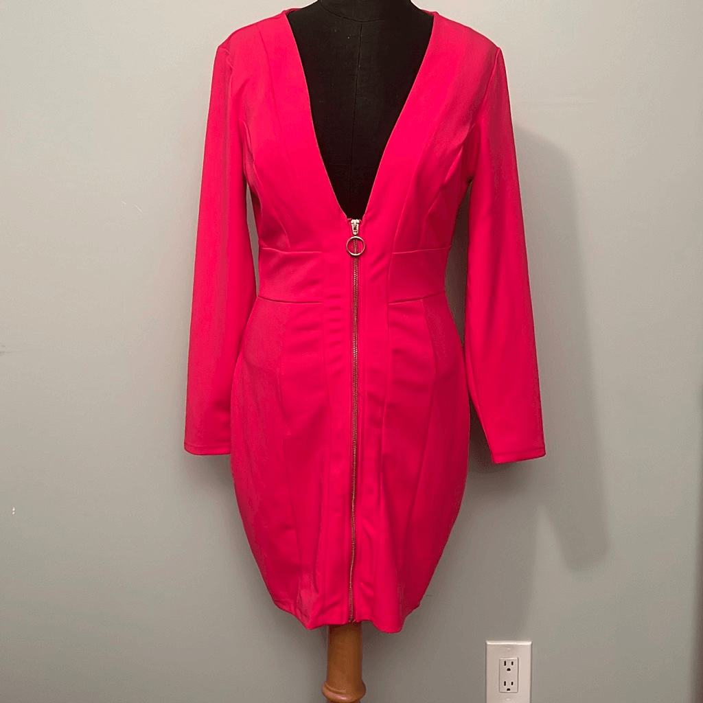 Women's Pink Long Sleeve Front Zip Plunge V Neck Dress
