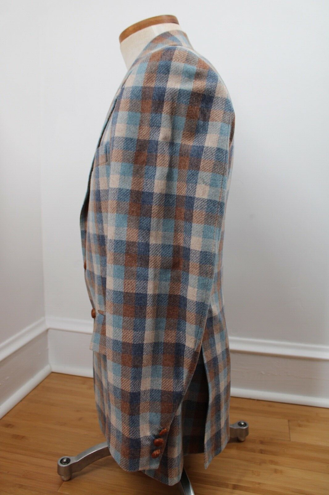 Vtg 60s Ayres Brown Blue Check Wool Double Vent S… - image 3