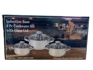 Chef Pro Stainless Steel Induction Base 6pc Cookware Set w/ Glass Lids
