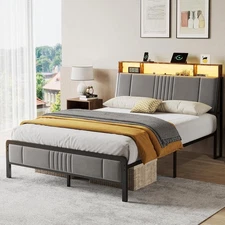 Twin Bed Frame with Headboard, Metal Platform Bed with 2-Tier Storage LED Lights