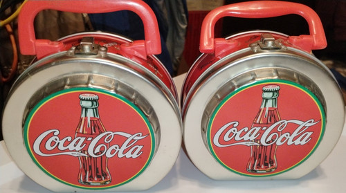Coca-Cola Round Lunchboxes Red Handles Set of 2 Red White Soda Theme