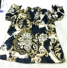 Chicos Gold  Black Brocade Jacket Size 3 Cotton Silk Blend Floral Pattern Lined