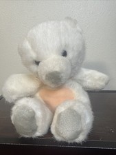 Vintage 1999 Dakin Teddy Bear Plush Pink Tummy Heart Satin Bow White Gray Fuzzy
