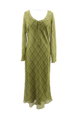 M&S Women's Dress Green Mix Plaid Tie Front Round Neck Bias Cut New