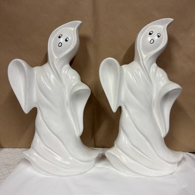 Halloween GHOST PAIR 12  INCH~HANDPAINTED CERAMIC~GHOSTLY GHOULS~NICE COND VTG