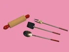 🎀Vintage Barbie BBQ Utensil Set Red Handle Fork Spatula Spoon Rolling Pin Lot🎀