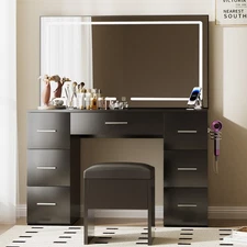 Black Makeup Vanity Desk with Lighted Mirror Glass Top Power Outlets New Table