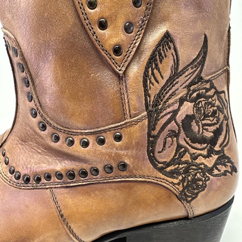 Mark Nason Siren Stiefel Damengröße 8 seitlicher Reißverschluss Nieten braun Leder Blumenmuster Italien - Bild 5 von 22