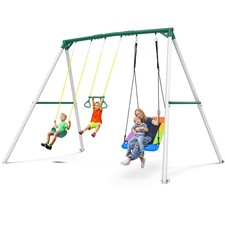 770lbs Heavy Duty 9.5ft Metal Swing Set for Backyard with 3 Swings  Trapeze Bar