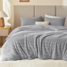 Fluffy Comforter Set Queen Size - Super Soft Faux Fur Stripe Jacquard Comfort...