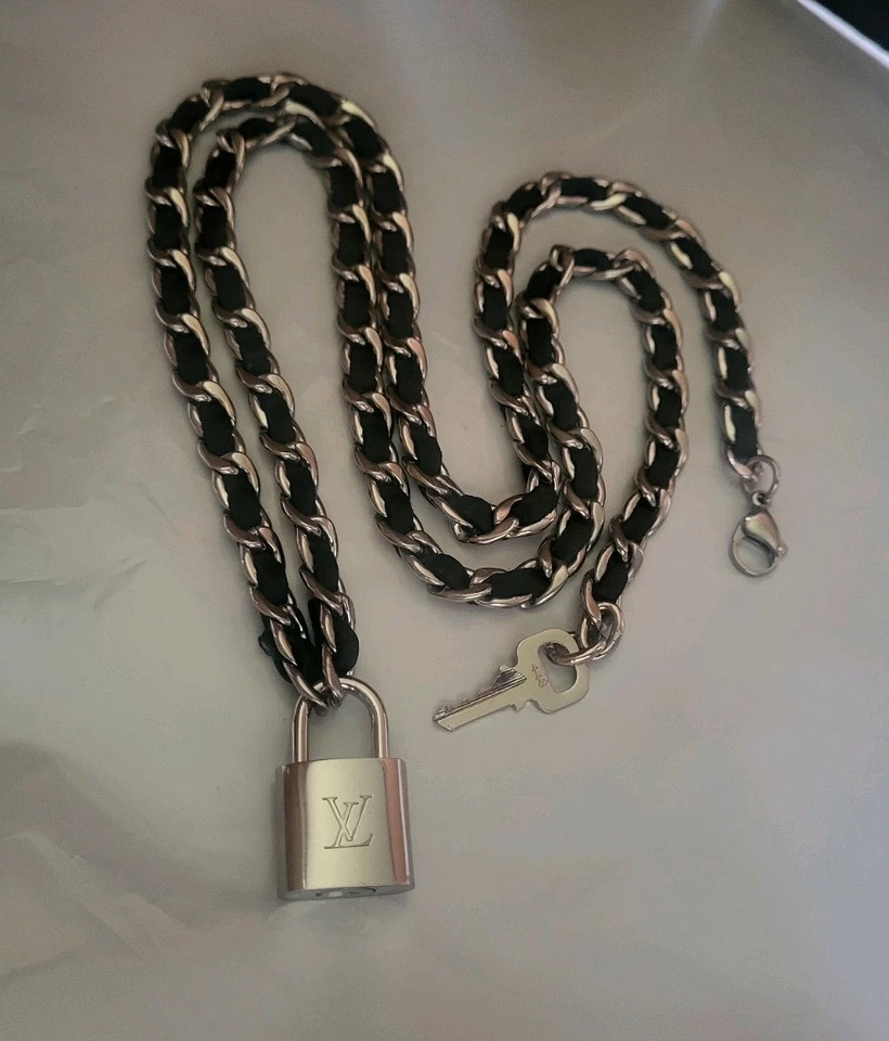 Authentic Louis Vuitton Silver Padlock Key #448 & Leather Cuban Long Necklace - Image 4 of 4