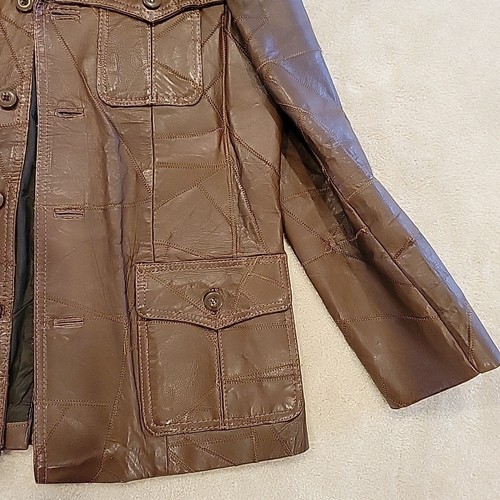 Giacca patchwork pelle vintage anni 60-70 uomo 42 Woodstock patch tasca marrone - Foto 5 di 24