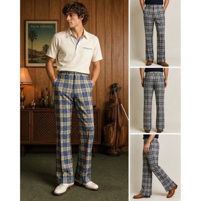 Farah Vintage 70s men's 32'' Plaid Flared Trousers Made in USA Straight Leg Pants