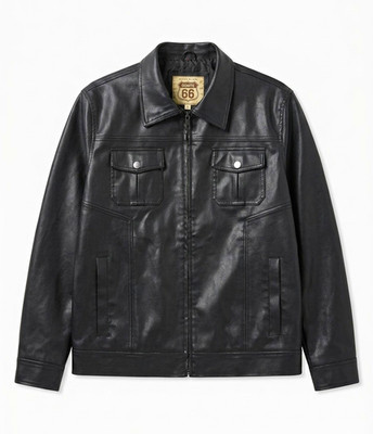 Route 66 Men's Black Leather Zip Lined Motorcycle Jacket L 42 Short Point Collar
