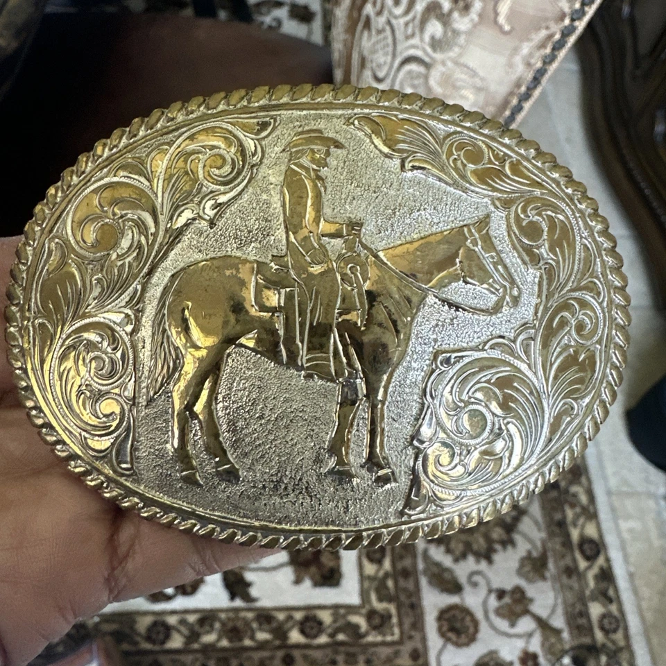 El Arturo Bronze Crumrine Belt Buckle 3.75" Cowboy Western Oval USA Made - Image 2 of 4
