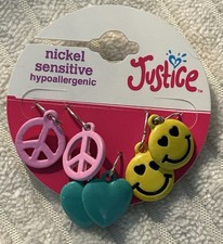 2014 Justice Earrings Set 3 Pairs Peace Heart Smiley Face Hypoallergenic NIP