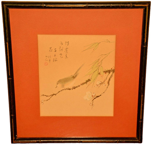 Antique Original Vintage Signed Chinese Floral Bird Portrait Watercolor Painting