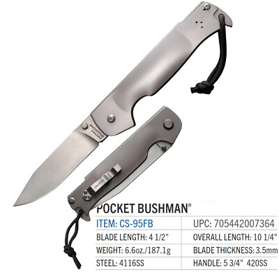COLD STEEL Pocket Bushman Folding Knife - 95FB Durable 4116 Steel - Original Box