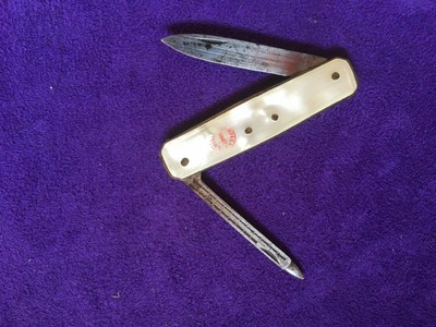 Ancien couteau canif onglier publicitaire champagne Binet Reims nacre 2 ...