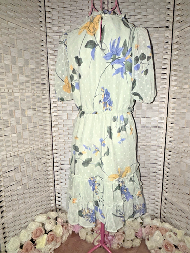 Oasis Sage Lace Trim Dobby Floral Chiffon Skater Dress Size Petite 12 BNWT - Picture 6 of 10